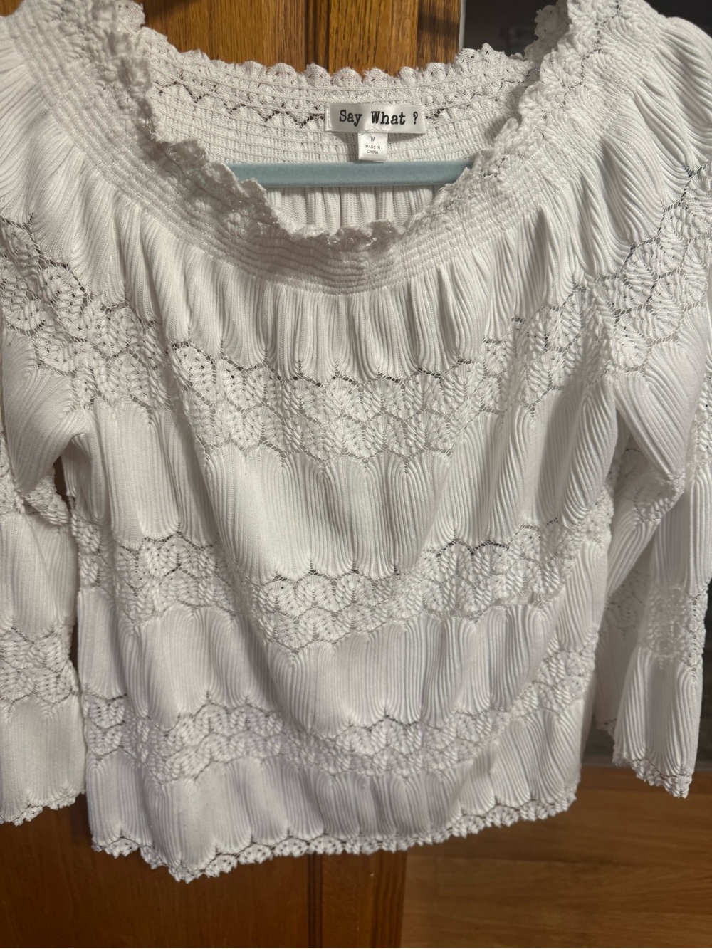 Say What? White Smocked Crochet Peasant Top